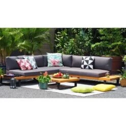 ALUXE Salon De Jardin En Bois D'acacia Et Pieds En Aluminium, Canapé D'angle Et Une Table Basse