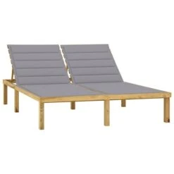 Chaise Longue Double Et Coussins Gris Bois De Pin Imprégné 3