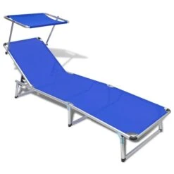 Chaise Longue Pliable Avec Auvent Aluminium Et Textilène Bleu
