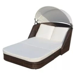 Lit De Jardin Avec Auvent Tissu Blanc Et Résine Marron Anki