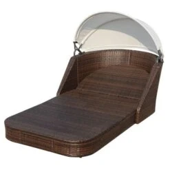 Lit De Jardin Avec Auvent Tissu Blanc Et Résine Marron Anki -Mobilier De Jardin Soldes lit de jardin avec auvent tissu blanc et resine marron anki 3666722555890 388124