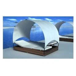 Lit De Jardin Avec Toit Tissu Blanc Et Résine Marron Khoa -Mobilier De Jardin Soldes lit de jardin avec toit tissu blanc et resine marron khoa 386594