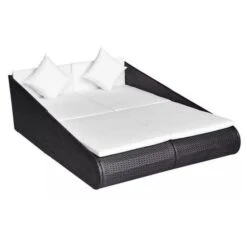 Lit De Jardin Résine Tressée Noire Et Polyester Blanc Imia