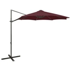 Parasol Déporté Avec Mât Et Lumières LED Rouge Bordeaux 300 Cm