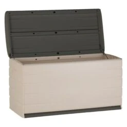 PLASTIKEN Coffre 350L Intérieur/Extérieur Fonctionnel Et Esthétique Cadenassable Avec Roulettes Beige Et Gris Foncé