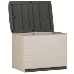 PLASTIKEN Coffre Cadenassable Avec Roulettes - 190 L - Fonctionnel Et Esthétique - Beige Et Gris Foncé