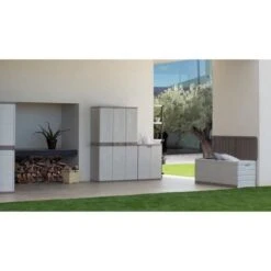 PLASTIKEN Coffre Cadenassable Avec Roulettes - 190 L - Fonctionnel Et Esthétique - Beige Et Gris Foncé -Mobilier De Jardin Soldes plastiken coffre cadenassable avec roulettes 190 l fonctionnel et esthetique beige et gris fonce 8412524446318 429864