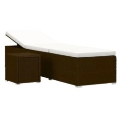 Set Chaise Longue Et Table Tissu Blanc Et Résine Marron Viali