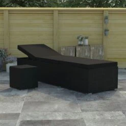 Set Chaise Longue Et Table Tissu Et Résine Tressée Noir Viali -Mobilier De Jardin Soldes set chaise longue et table tissu et resine tressee noir 3666722554404 389571