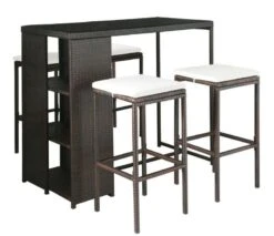 Table De Bar Rectangulaire Et 4 Tabourets De Jardin Résine Tressée Marron Klark